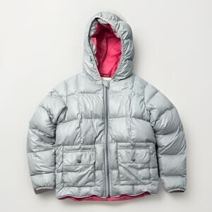 Hanna Andersson Down Puffer Coat Girls 140 (U.S. 10) Grey Hooded Lined